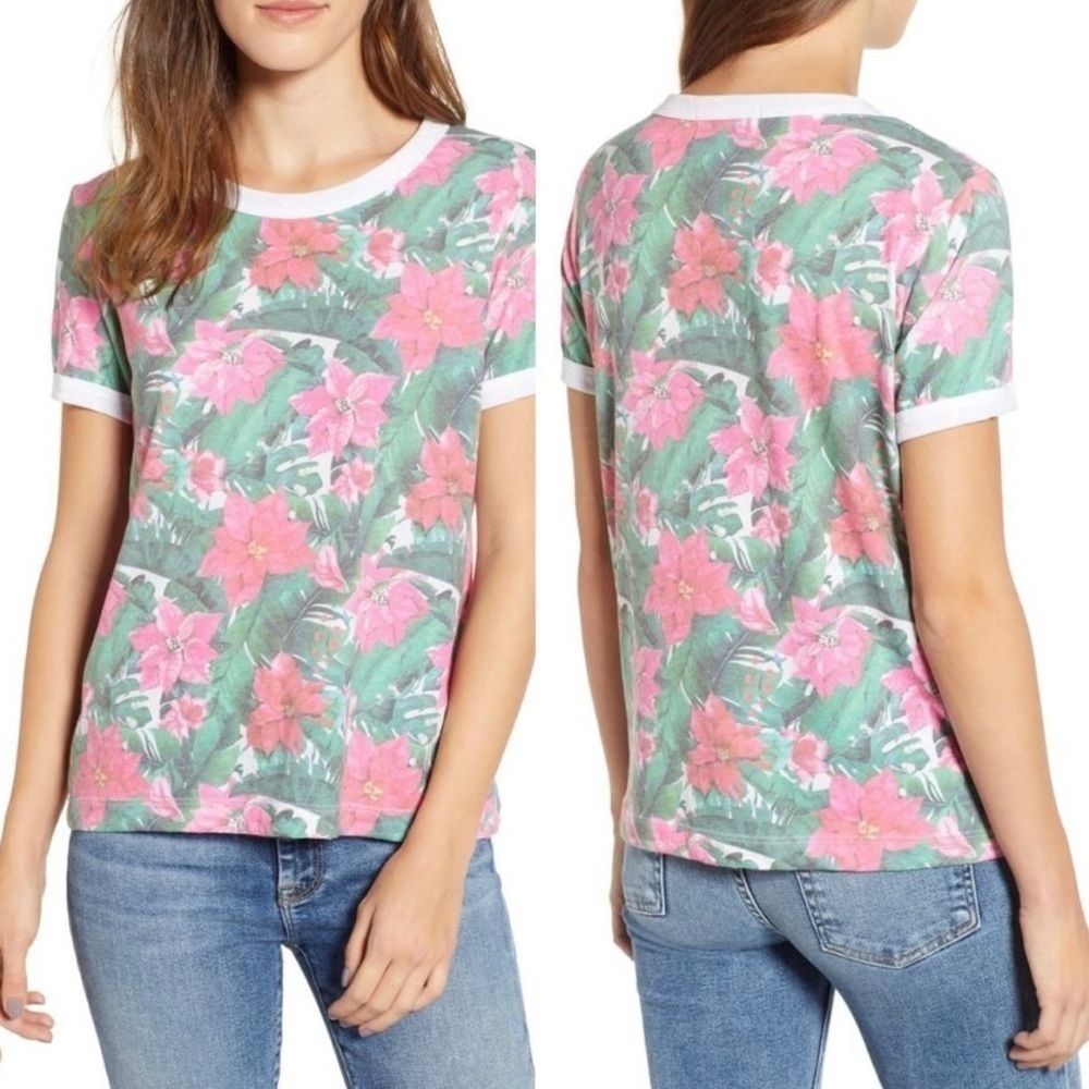 Wildfox Island Holiday Floral Johnny Ringer T-Shirt Pink Green M EUC